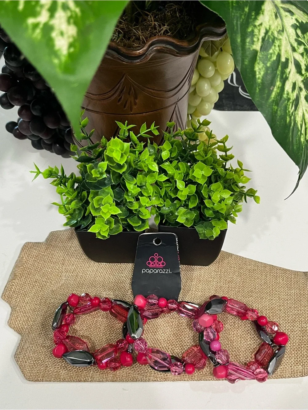 Bundle of 3-paparazzi Pink & Black Mixed Bead Stretch Bracelet Set